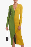 Green Yellow Casual Solid Patchwork Buckle V Neck Straight Dresses