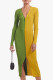 Green Yellow Casual Solid Patchwork Buckle V Neck Straight Dresses