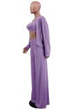 Purple Fashion Casual Solid Hollowed Out Split Joint O Neck Long Sleeve Three-piece Set
