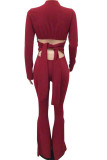 Blue Sexy Solid Hollowed Out Patchwork Backless Slit V Neck Regular Jumpsuits