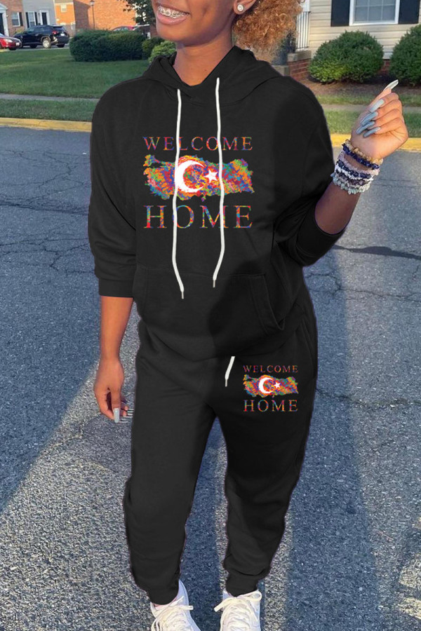 Black Casual Print Patchwork Hooded Collar Long Sleeve Two Pieces