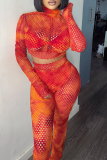 Red Sexy Print Mesh Half A Turtleneck Long Sleeve Two Pieces