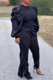 Black Fashion Casual Solid Patchwork O Neck Long Sleeve Two Pieces