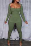 Army Green Fashion Casual Solid Patchwork Slit Square Collar Two Pieces