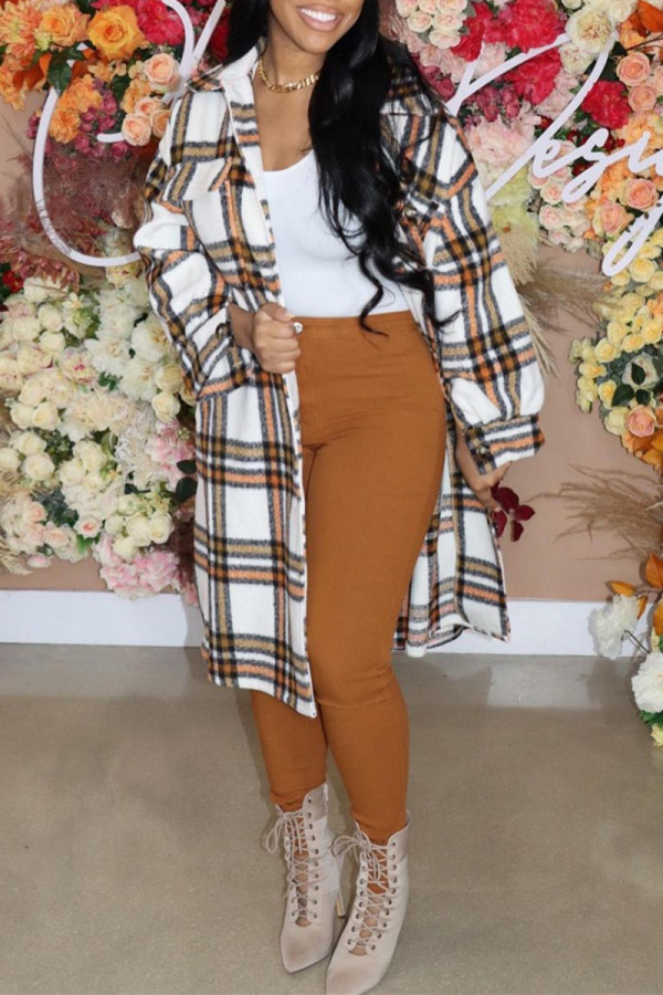 White Fashion Casual Plaid Print Cardigan Turndown Collar Outerwear