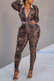 Brown Sexy Print Patchwork Turndown Collar Skinny Jumpsuits