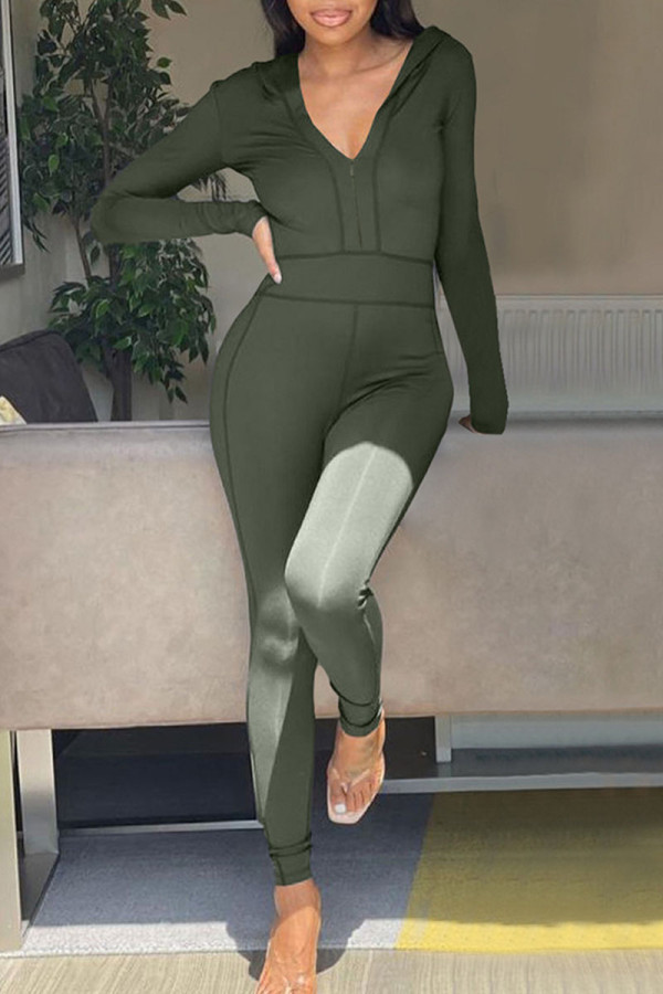 Army Green Casual Solid Patchwork Zipper Hooded Collar Regular Jumpsuits