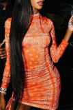 Orange Sexy Print Patchwork Half A Turtleneck Pencil Skirt Dresses