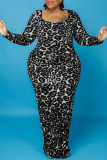 Black Fashion Casual Print Leopard Basic O Neck Long Sleeve Plus Size Dresses