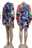 Colour Casual Print Split Joint Buckle With Belt Turndown Collar Shirt Dress Dresses