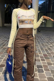 Apricot Sexy Print Draw String O Neck Tops
