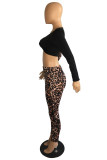 Black Fashion Casual Print Leopard Patchwork V Neck Long Sleeve Two Pieces