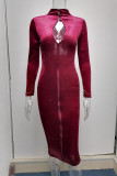 Blue Sexy Solid Hollowed Out Patchwork Zipper Turtleneck One Step Skirt Dresses