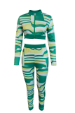 Green Sexy Print Patchwork Zipper Collar Long Sleeve Two Pieces