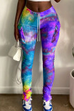 Yellow and purple Casual Fiber Print Tie-dye Slit Basic With Belt Boot Cut Bottoms