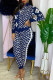 Blue Fashion Street Print Patchwork Zipper Collar Long Sleeve Two Pieces