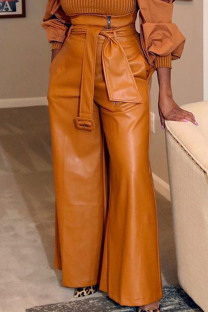 Brown Fashion Casual Adult Faux Leather Solid Pants With Belt Straight Bottoms