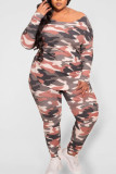 Orange Pink Casual Print Camouflage Print Split Joint O Neck Plus Size Two Pieces