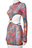 Multicolor Sexy Print Mesh Half A Turtleneck Pencil Skirt Dresses