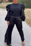 Black Fashion Casual Solid Patchwork O Neck Long Sleeve Two Pieces