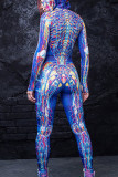 Blue Street Punk Print Patchwork Hooded Collar Regular Jumpsuits