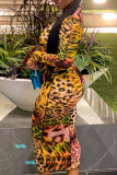 Multicolor Sexy Print Patchwork Mesh Half A Turtleneck Pencil Skirt Dresses