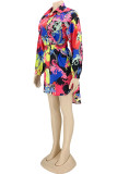Multicolor Fashion Casual Print With Belt Turndown Collar Shirt Dress