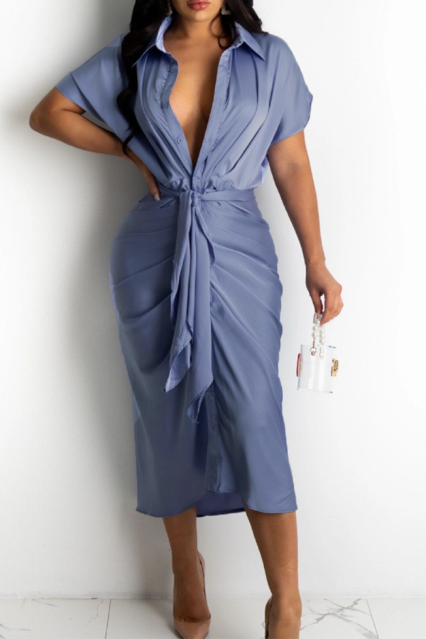 Sky Blue Casual Solid Patchwork Turndown Collar Shirt Dress Dresses