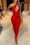 Apricot Sexy Solid Hollowed Out One Shoulder Skinny Jumpsuits