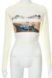 Apricot Sexy Print Draw String O Neck Tops