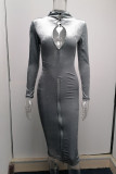 Blue Sexy Solid Hollowed Out Patchwork Zipper Turtleneck One Step Skirt Dresses