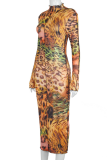 Multicolor Sexy Print Patchwork Mesh Half A Turtleneck Pencil Skirt Dresses