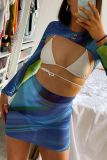 Blue Sexy Print Patchwork O Neck Pencil Skirt Dresses