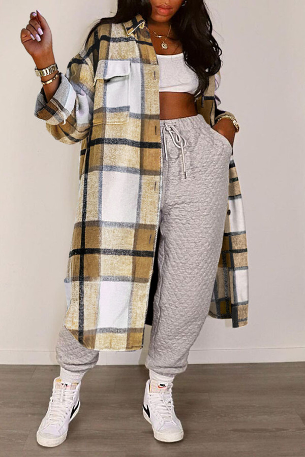 Khaki Casual Plaid Print Patchwork Buckle Turndown Collar Tops
