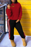 Red Casual Striped Solid Patchwork Hooded Collar Long Sleeve Two Pieces