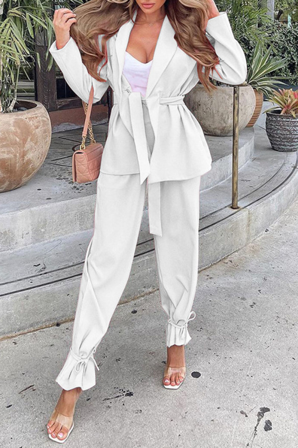 White Casual Solid Patchwork With Belt Turn-back Collar Long Sleeve Two Pieces