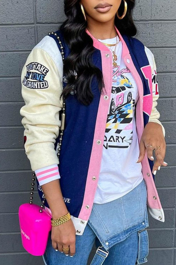 Royal Blue Casual Street Print Patchwork Buckle Outerwear