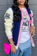 Royal Blue Casual Street Print Patchwork Buckle Outerwear