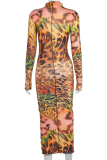Multicolor Sexy Print Patchwork Mesh Half A Turtleneck Pencil Skirt Dresses