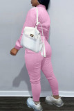 Pink Casual Solid Split Joint Buckle Long Sleeve Two Pieces