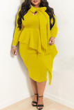Yellow Casual Solid Patchwork Flounce Asymmetrical With Bow Asymmetrical Collar Plus Size Two Pieces