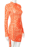 Orange Sexy Print Patchwork Half A Turtleneck Pencil Skirt Dresses