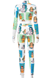 Green Sexy Print Patchwork Turndown Collar Long Sleeve Two Pieces