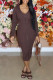 Dark Brown Casual Solid Patchwork Buckle V Neck One Step Skirt Dresses