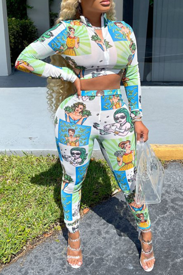 Green Sexy Print Patchwork Turndown Collar Long Sleeve Two Pieces