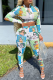 Green Sexy Print Patchwork Turndown Collar Long Sleeve Two Pieces