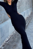 Black Sexy Solid Hollowed Out O Neck Pencil Skirt Dresses