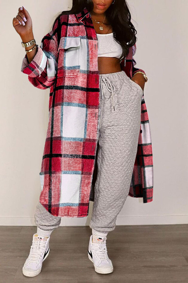 Red Casual Plaid Print Patchwork Buckle Turndown Collar Tops
