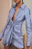 Blue Casual Striped Patchwork Turndown Collar Shirt Dress Dresses