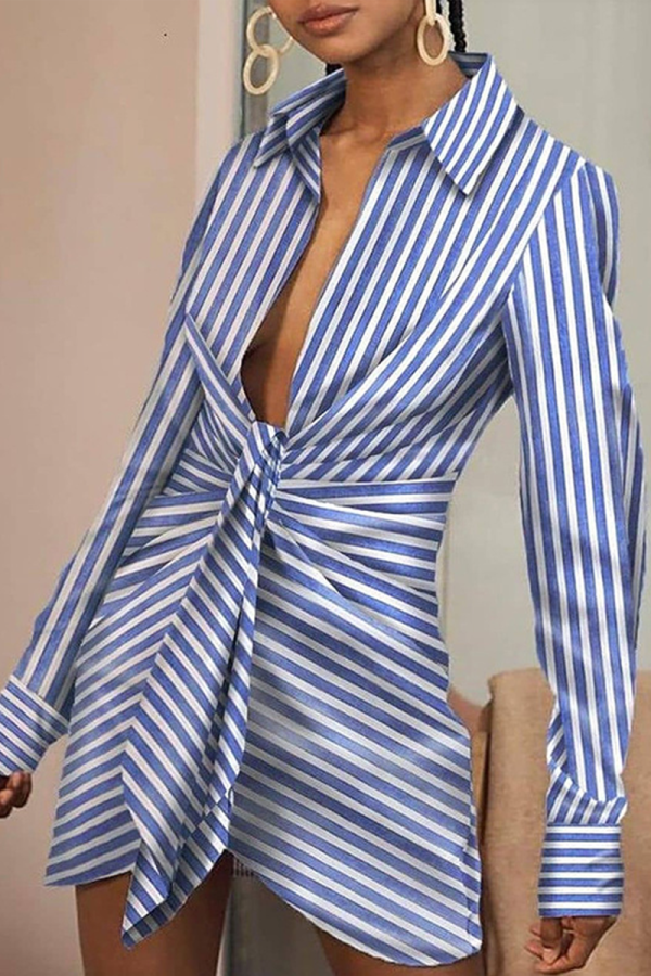 Blue Casual Striped Patchwork Turndown Collar Shirt Dress Dresses